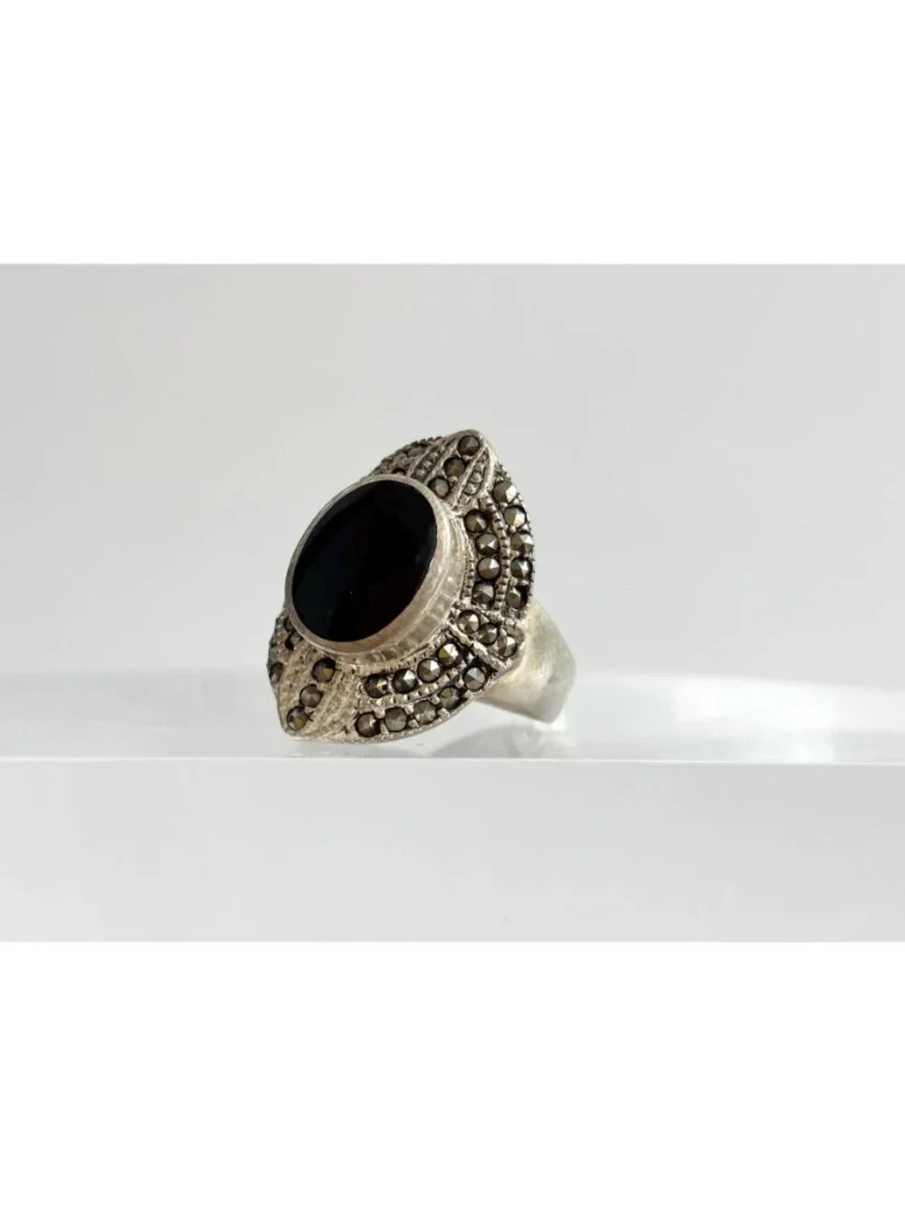 Black Onyx Marcasite Framed Art Deco Sterling Silver 925 Vintage Ring - sz 7.75